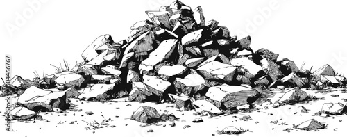 Pile of large rocks with sketchy details and shadows in black and white. Vector illustration