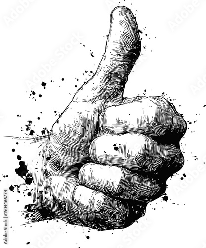 Thumbs up gesture in black and white sketch with ink splatters. Vector illustration