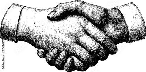 Detailed black and white vintage illustration of a handshake. Vector illustration