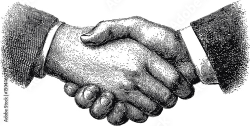 Vintage illustration of a handshake between two men in black and white, symbolizing agreement. Vector illustration