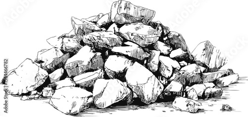 Sketch of a large pile of rocks in monochrome with detailed shading. Vector illustration