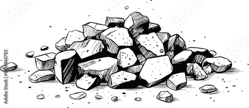 Pile of scattered stones in black and white sketch, illustrated concept art. Vector illustration
