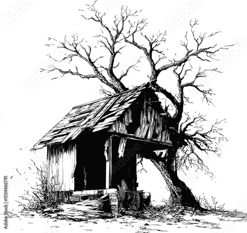 Old weathered shack with leafless tree in black and white sketch style. Vector illustration