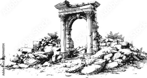 Ancient stone arch surrounded by ruins and rubble in black and white illustration. Vector illustration
