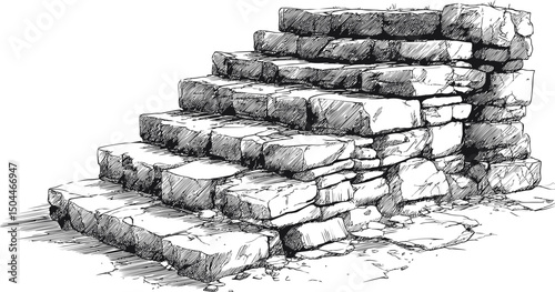 Sketch of ancient stone staircase in black and white with detailed texture, illustration. Vector illustration