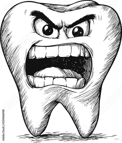 Angry tooth drawing with cartoonish expression and intense emotions, black and white. Vector illustration