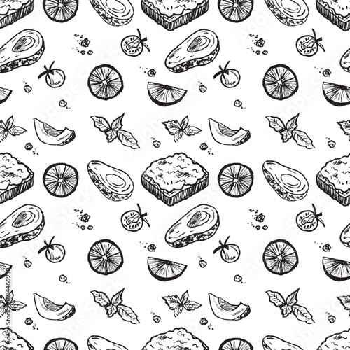 Seamless pattern with avocado, cherry tomato, basil, pepper and lemon in black brush stroke texture isolated on white. Hand drawn vector sketch illustration in vintage charcoal ink style. Menu design