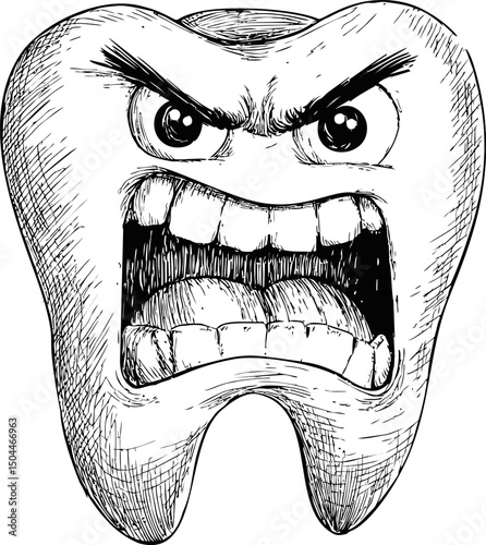 Angry sketch of a cartoon tooth with an open mouth and intense eyes, black and white. Vector illustration