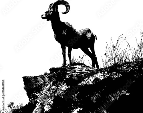 Mountain goat silhouette standing on rocky cliff in black and white illustration. Vector illustration