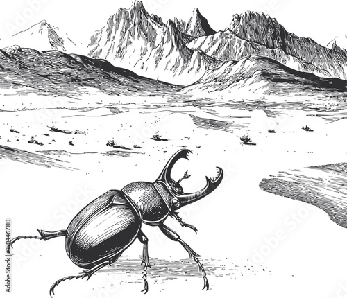 Black and white drawing of a beetle in a mountainous desert landscape. Vector illustration
