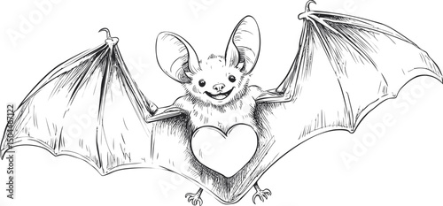Smiling bat with a heart-shaped belly in black and white sketch drawing. Vector illustration