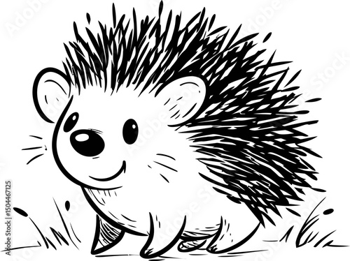 Cute cartoon hedgehog with spiky quills in black and white illustration. Vector illustration