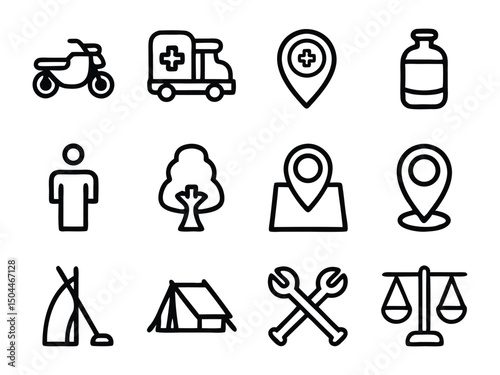 Vector icons set ambulance motorcycle camping location tree balance repair