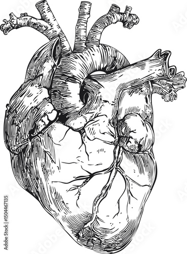 Detailed black and white anatomical heart illustration, vintage art style sketch. Vector illustration