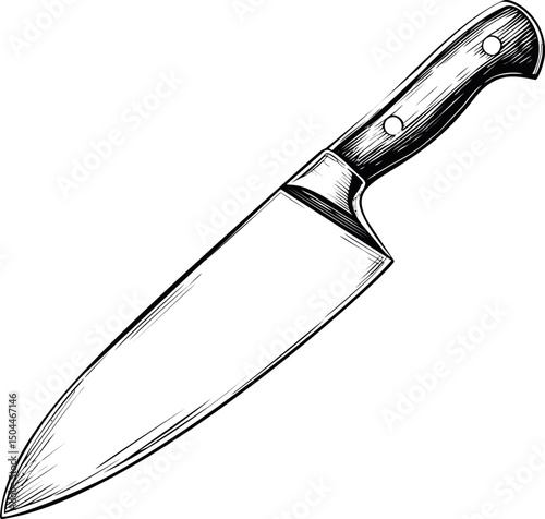Black and white illustration of a chef knife with intricate handle design. Vector illustration