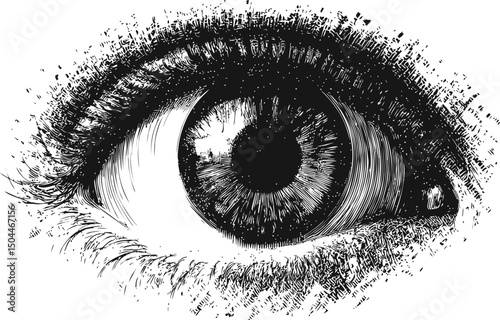Detailed black and white illustration of a human eye with intricate patterns. Vector illustration