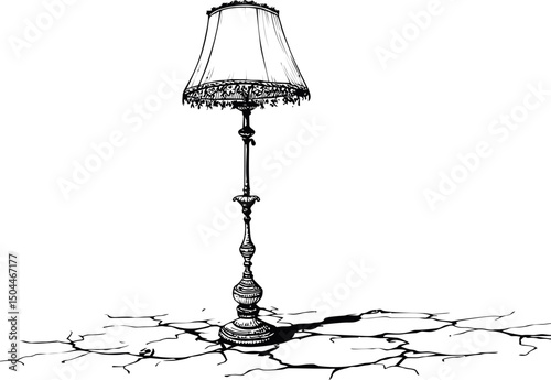 Vintage lamp on cracked surface in black and white line art illustration. Vector illustration