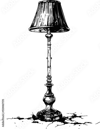 Vintage floor lamp illustration in black and white with cracked base. Vector illustration