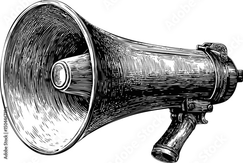 Vintage megaphone illustration in black and white with detailed engraving. Vector illustration
