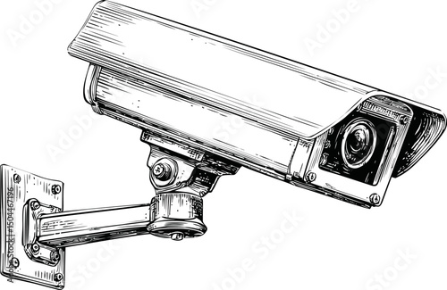 Sketch of a security camera with intricate line details in black and white. Vector illustration