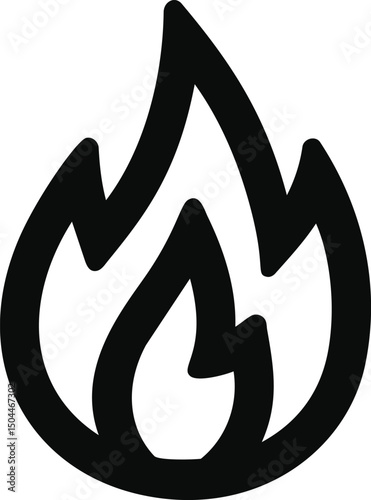 Black and white flame icon representing fire symbol with bold outline. Vector illustration