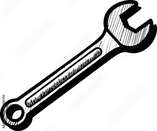 Black and white sketch of a spanner with detailed hatching pattern. Vector illustration