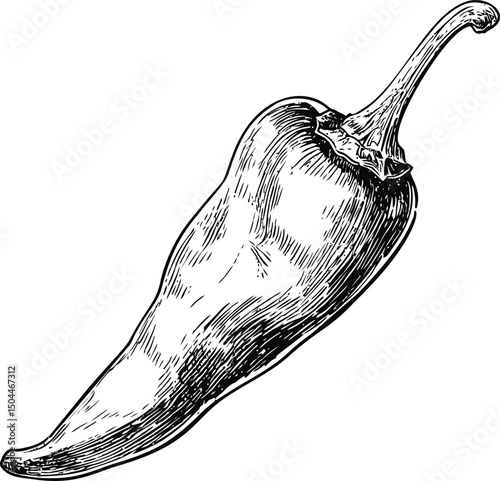 Hand-drawn black and white illustration of a single chili pepper. Vector illustration