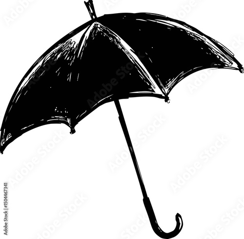 Black and white illustration of a classic umbrella with curved handle. Vector illustration