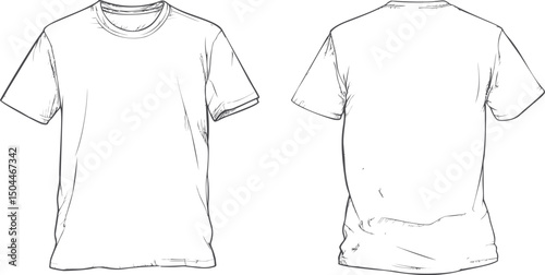 Front and back view of a plain white t-shirt sketch on a blank background. Vector illustration