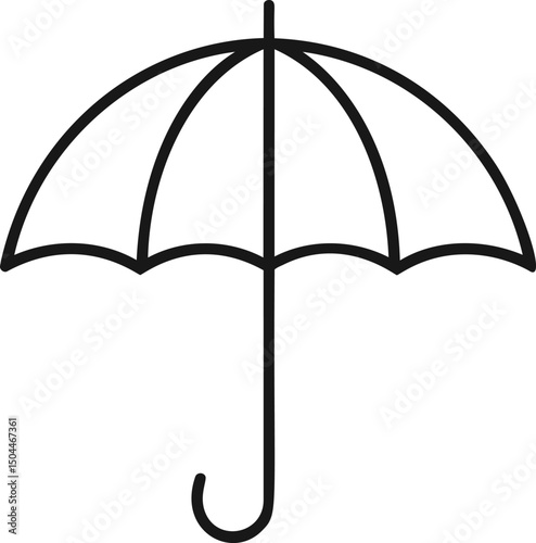 Black and white simple umbrella icon representing protection and weather. Vector illustration