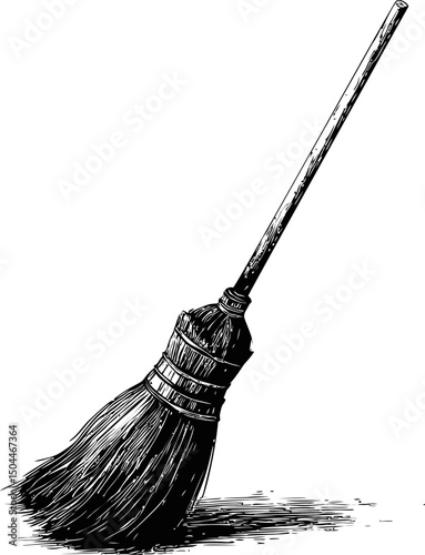 Illustration of a traditional broom with wooden handle in black and white. Vector illustration