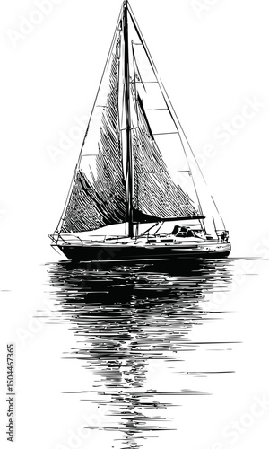 Black and white sketch of a sailboat with reflection on calm water. Vector illustration