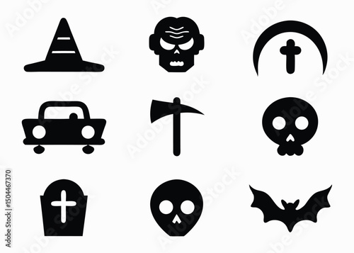 Halloween vector icons set witch hat skull bat tombstone car axe zombie symbol