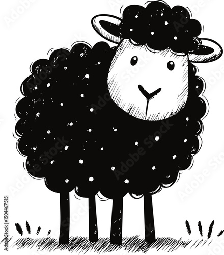 Adorable black sheep with curly wool in a simple sketch style illustration. Vector illustration