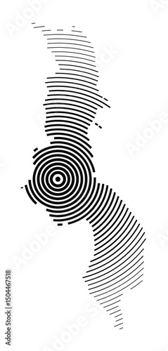 Abstract map of Malawi showing the country with concentric black tapering lines