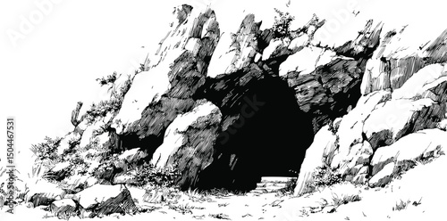 Black and white sketch of a rocky cave entrance in mountain landscape. Vector illustration