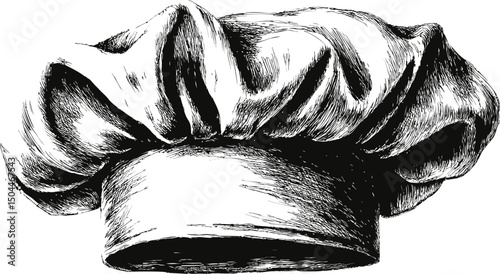 Sketch of a classic chef hat with detailed shading in black and white. Vector illustration