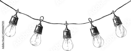 Hanging black and white sketch of string lights with bulbs in linear arrangement. Vector illustration