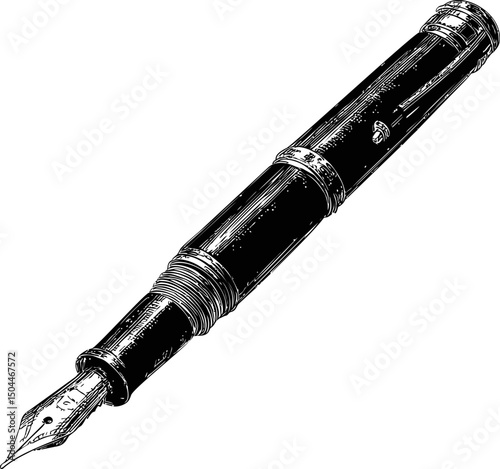 Black and white sketch of a vintage fountain pen, art illustration. Vector illustration