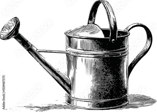 Vintage metal watering can illustration in black and white line drawing. Vector illustration