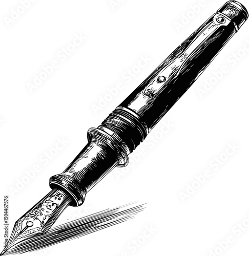 Detailed black and white illustration of a vintage fountain pen drawing line. Vector illustration