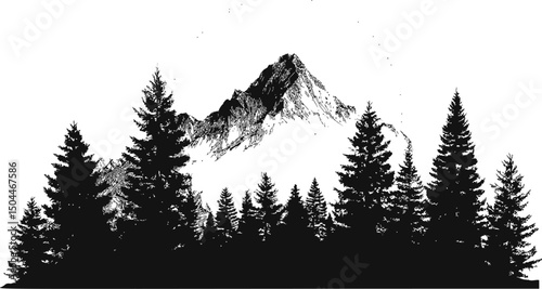 Silhouette of pine trees against a mountainous backdrop, black and white illustration. Vector illustration