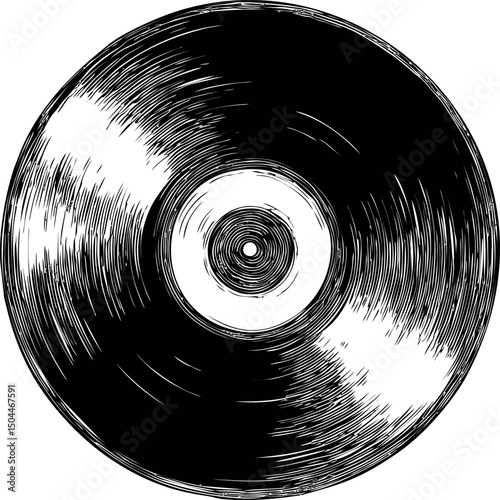Detailed black and white illustration of a vintage vinyl record. Vector illustration