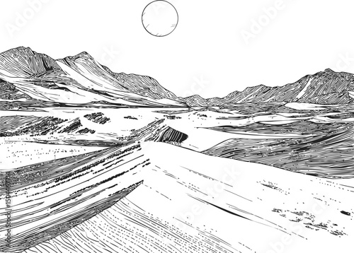 Black and white desert landscape drawing with mountains and sun overhead. Vector illustration