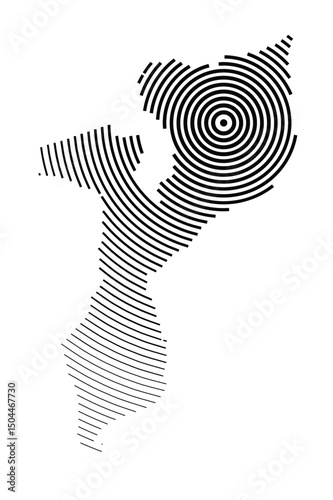 Abstract map of Mozambique showing the country with concentric black tapering lines