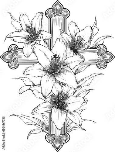 Elegant floral cross design with blooming lilies in black and white illustration. Vector illustration