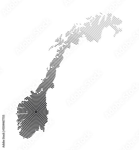 Abstract map of Norway showing the country with concentric black tapering lines