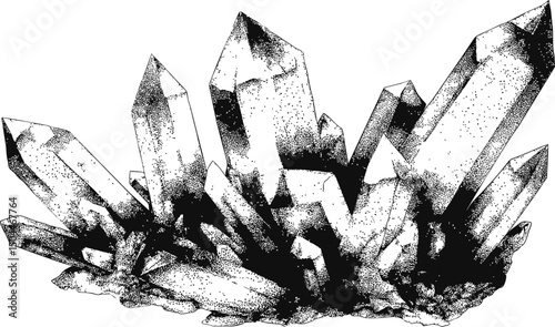 Illustration of black and white crystal cluster with intricate details. Vector illustration
