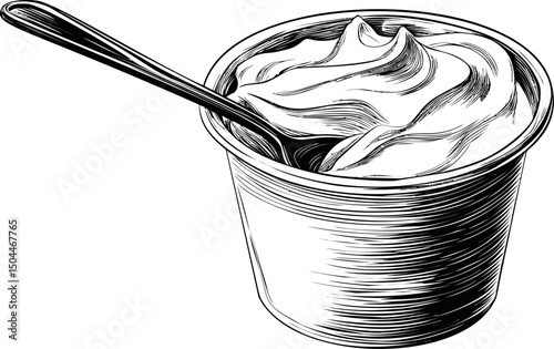 Black and white sketch of yogurt cup with swirling texture and metal spoon. Vector illustration