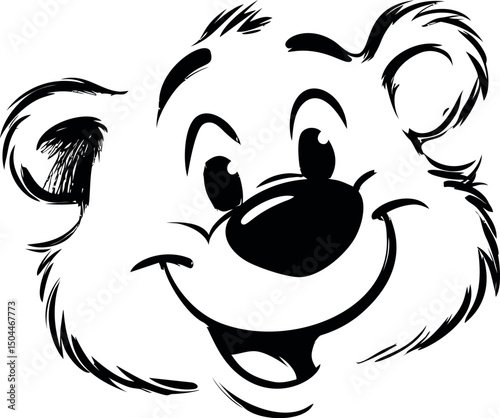 Happy cartoon bear face black and white illustration with playful expression. Vector illustration